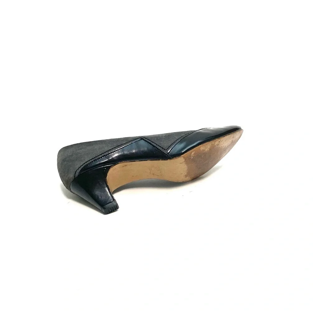 Vintage 1970s gray suede black patent leather slip on pumps